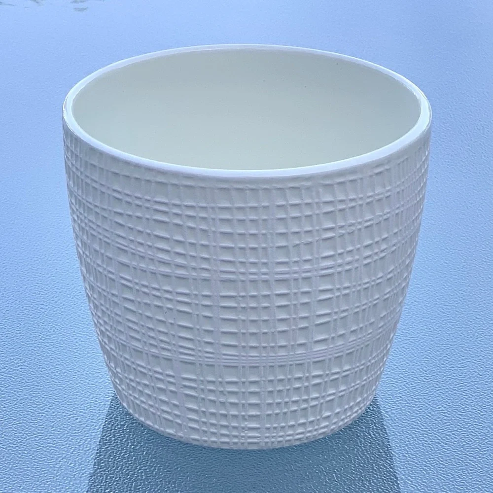 Round, Off-White/Beige Textured Ceramic Plant Pot ~ 5”x5”